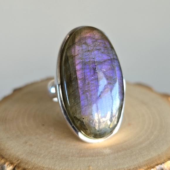 Large Purple Flash Labradorite Ring Adjustable 925 Silver Handcrafted Artisan VG - Picture 13 of 13